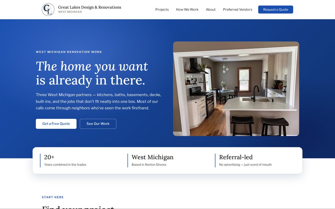 Screenshot of the Great Lakes Design & Renovation website built by Soltheia