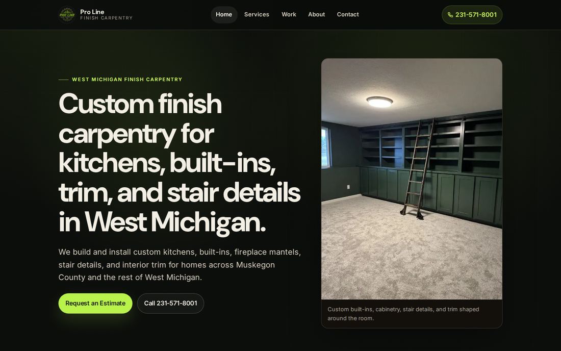 Screenshot of the Pro Line Finish Carpentry website built by Soltheia